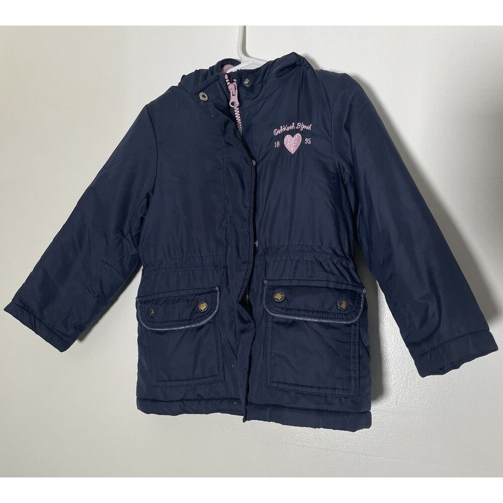 OshKosh B'Gosh Girls Sz 5T Navy Hearts Pink Fleece Line Hooded Jacket Coat